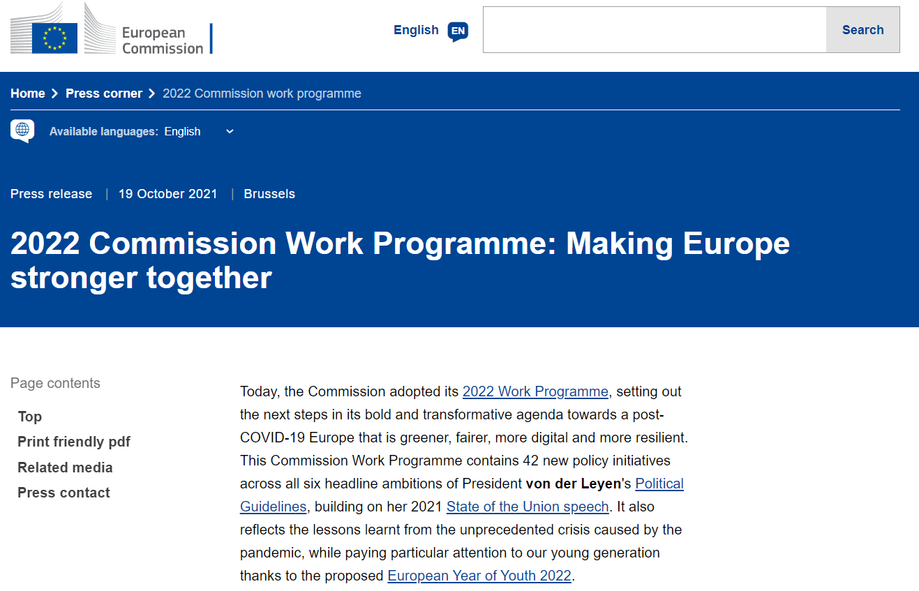 2022 Commission Work Programme Making Europe stronger together
